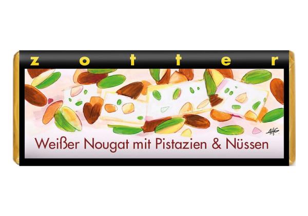 Zotter Schokolade Weißer Nougat mit Pistazien & Nüssen